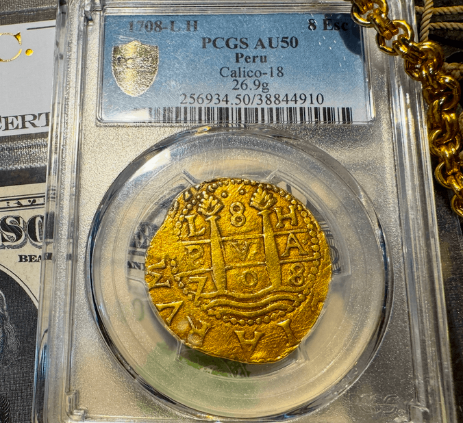 Peru 8 Escudos 1708 "1715 Full Castles" PCGS 50