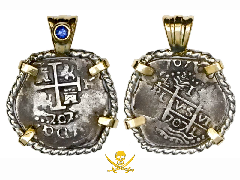 Peru 1 Real 1707 "TRIPLE DATED!" Pendant with Sapphire 2
