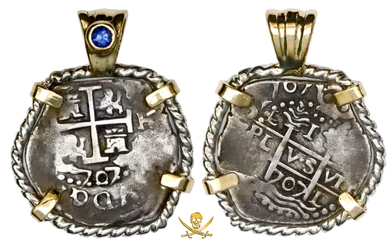 Peru 1 Real 1707 "TRIPLE DATED!" Pendant with Sapphire 3