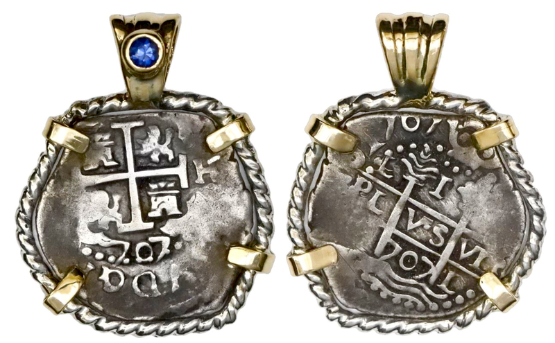Peru 1 Real 1707 "TRIPLE DATED!" Pendant with Sapphire 10