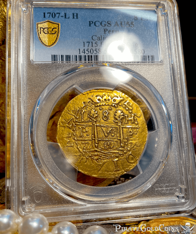 Peru 8 Escudos 1707 "Finest Known" PCGS 62 "1715 Fleet Shipwreck" 20