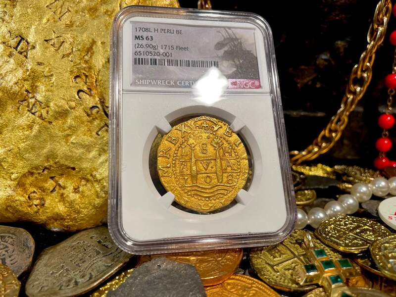 Peru  8 Escudos  1708  "1715 Plate Fleet Shipwreck"  NGC 63  Finest Known! 28