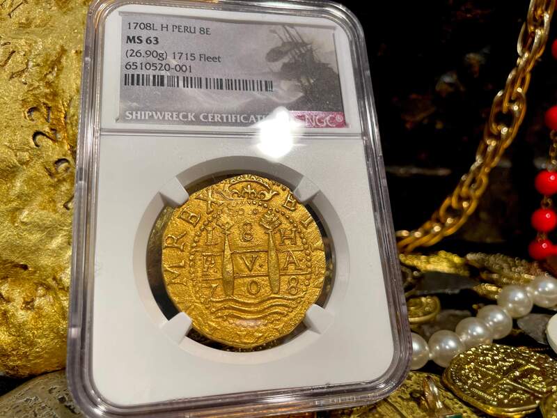 Peru  8 Escudos  1708  "1715 Plate Fleet Shipwreck"  NGC 63  Finest Known! 29