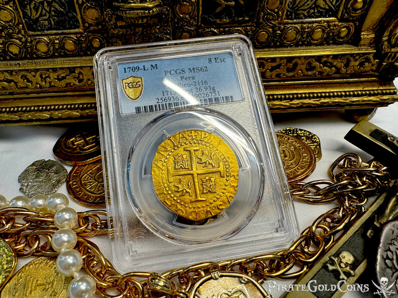 Peru 8 Escudos 1709 "2nd Finest- 1715 Fleet Shipwreck" PCGS 62 34