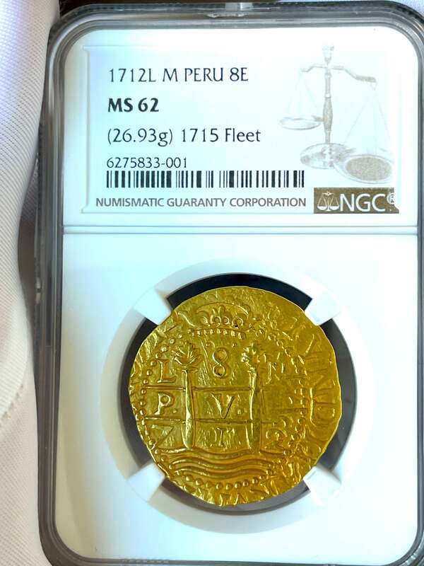 Peru 8 Escudos 1712 "1715 Plate Fleet Shipwreck" NGC 62 4