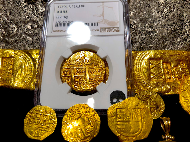 Peru 8 Escudos 1750 Double Dated "La Luz Shipwreck" NGC 55 3