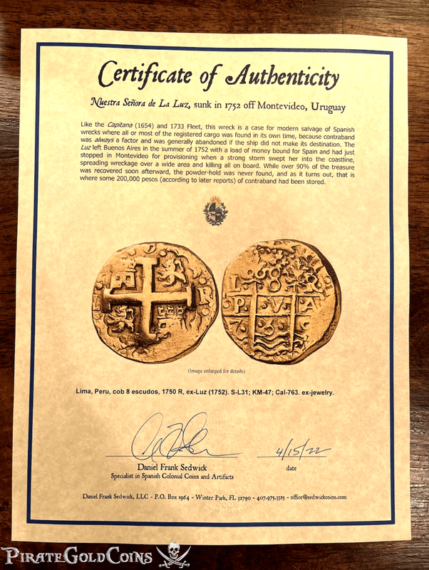Peru 8 Escudos 1750 "La Luz 1752 Shipwreck" PCGS 50 31