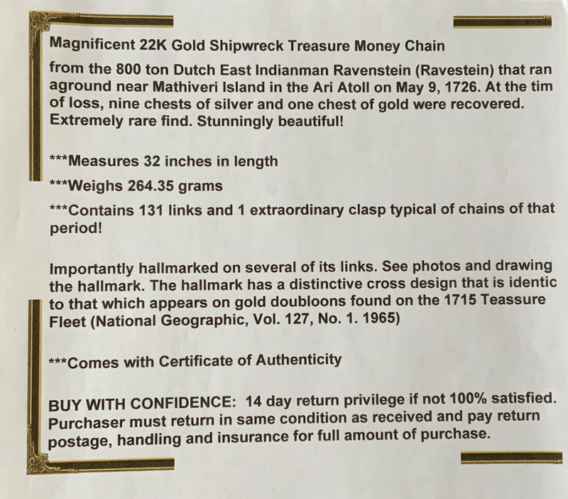 Ravenstein Shipwreck 1726 Money Chain 32" 264gms 9