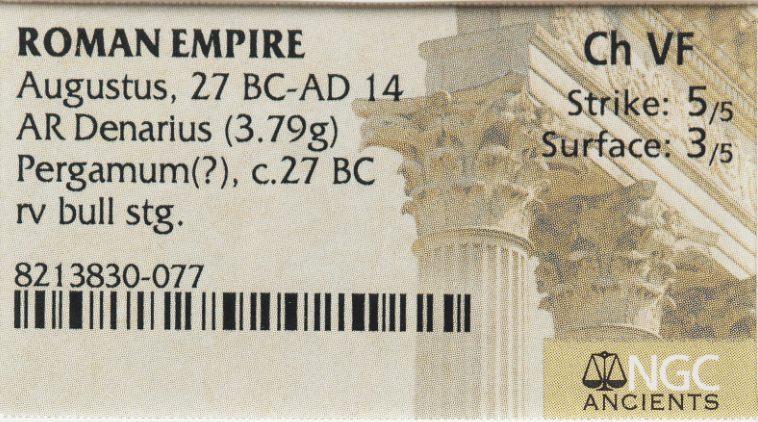 Roman Empire "Augustus" 27-14AD Denarius NGC Ch VF 5x3 8