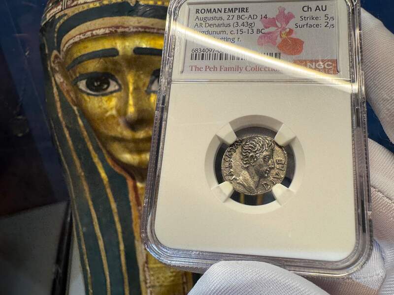 Roman Empire "Augustus" Denarius NGC AU 5x2 18
