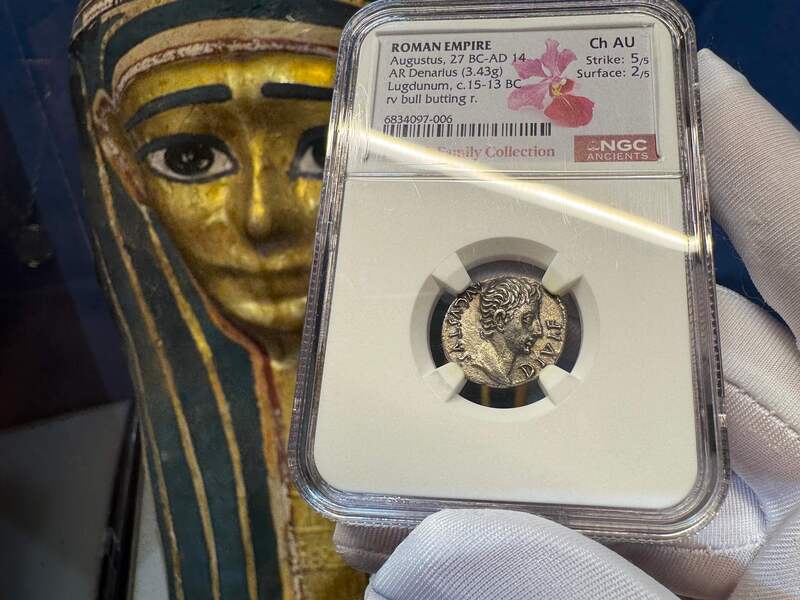 Roman Empire "Augustus" Denarius NGC AU 5x2 38