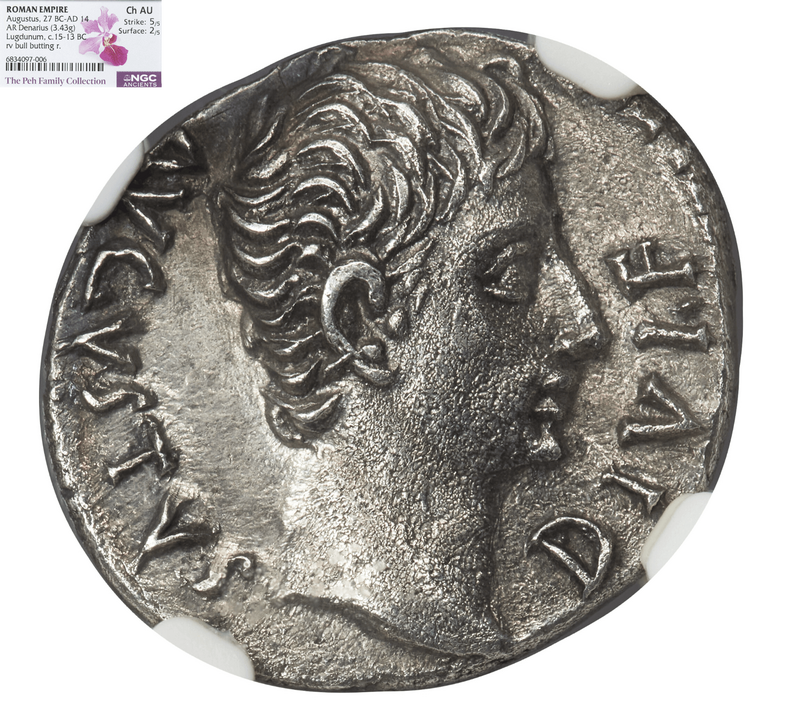 Roman Empire "Augustus" Denarius NGC AU 5x2 2
