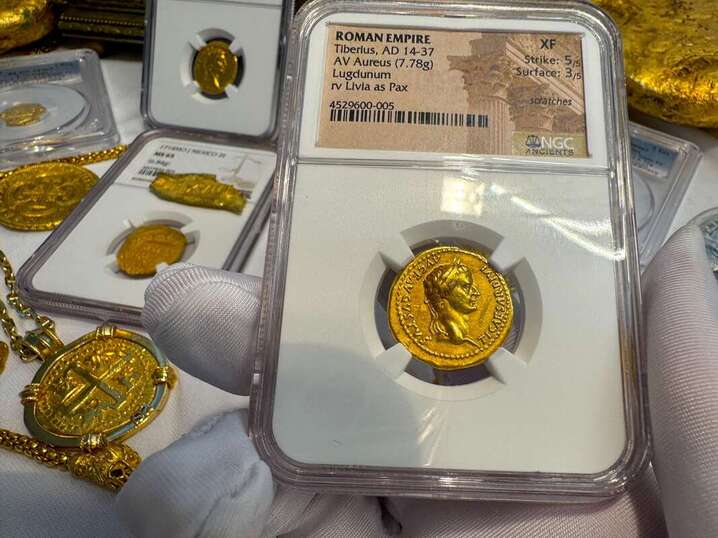Roman Empire Tiberius "12 Caesar" 14-37AD NGC XF 5x3
