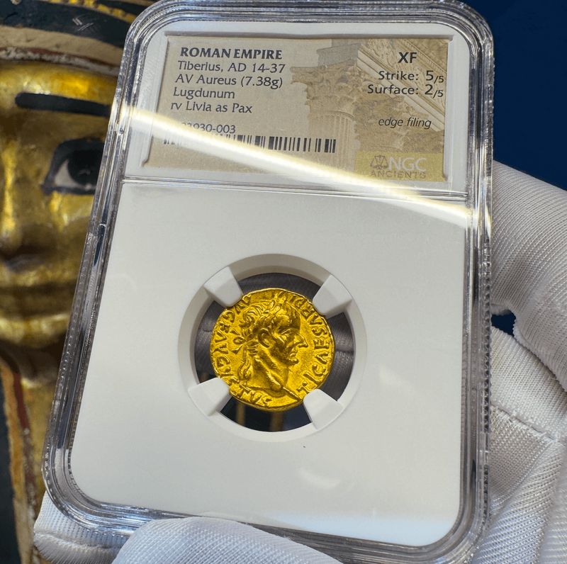 Roman Empire "Tiberius" Aureus NGC XF 5x2 2