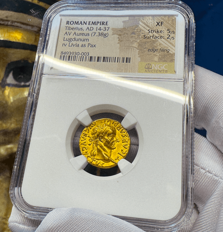Roman Empire "Tiberius" Aureus NGC XF 5x2 4