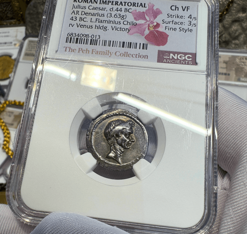 Roman Imperatorial "Julius Caesar" 43BC NGC ch VF 4x3 Fine Style 7