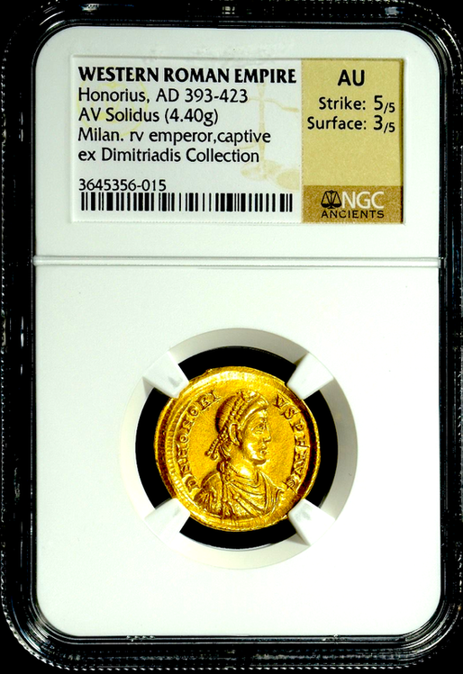ROMAN EMPIRE, HONORIUS 393-423 AD, AV SOLIDUS NGC AU 5x3 MILAN MINT PERFECT STRIKE-HIGH LUSTER!