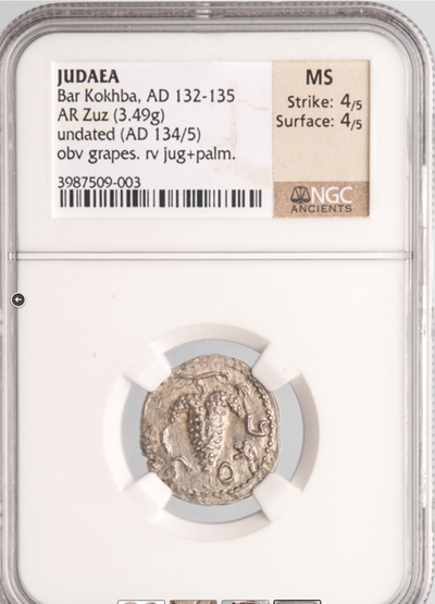 JUDAEA BAR KOKHBA 132-135AD ZUZ "GRAPES- JEWISH REVOLT"   ~ NGC MS 4x4 ~ 4