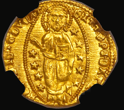ITALY, VENICE 1414-23 DUCAT  GOLD COIN “FINEST KNOWN” we know of! JESUS - BOOK OF GOSPELS ~ NGC 66 ~ 7