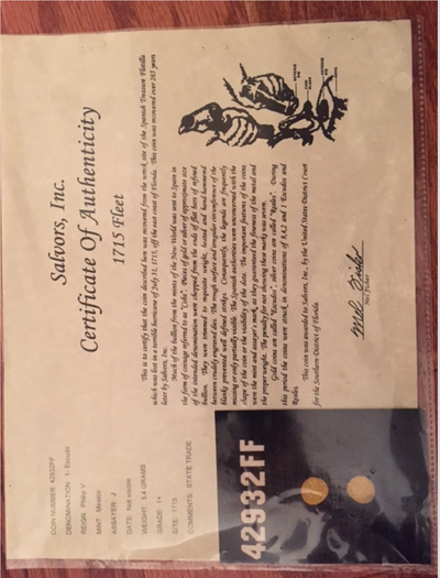 Mexico 1 Escudo 1711 "1715 Plate Fleet Shipwreck Jewelry Treasure Coin"  w/  Mel Fisher COA 4