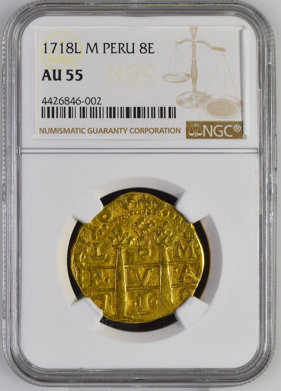 Peru 8 Escudos 1718 "Likely Loosdrecht Shipwreck" NGC 55 Treasure Coin