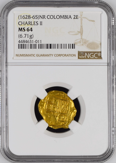 Colombia  2 Escudos  1665  "Partially Dated!"  NGC 64 7