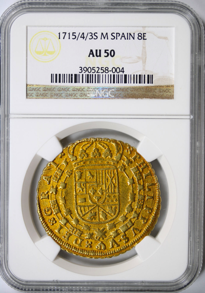 Spain  8 Escudos  1715  "Only 1 Known- Year of the Fleet"  NGC 50 6