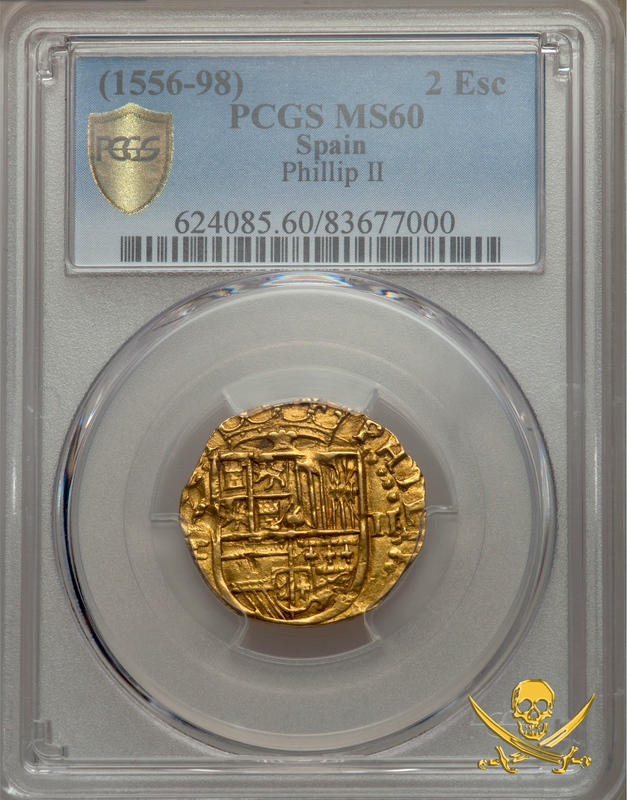 Spain 2 Escudos 1556-98 "Full Crown and Exceptional Strike"  PCGS 60 Treasure 2