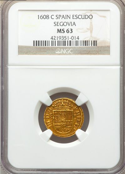 Spain 1 Escudo 1608 "Only 6 Total Known!" NGC 63 Pirate Gold Coins 9