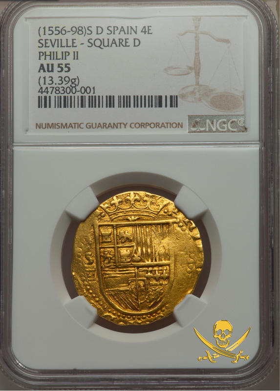 Spain 4 Escudos 1556-98 "Full Crown" NGC 55 Pirate Treasure Shipwreck Gold