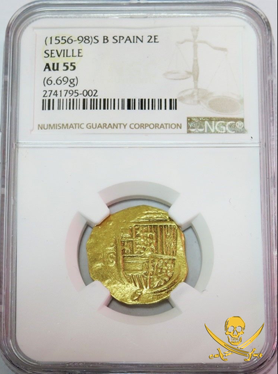 Spain 2 Escudos 1556-98 "Cross of Jerusalem" NGC 55 Pirate Gold Coins Treasure 3