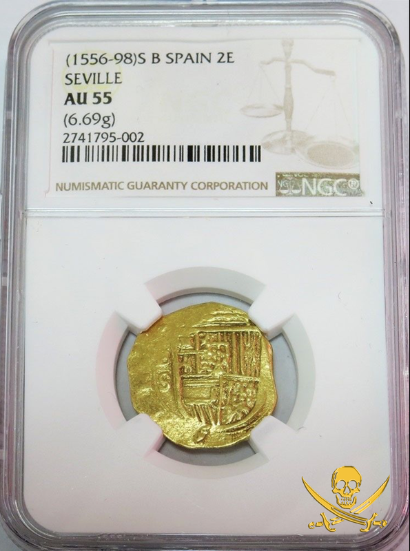Spain 2 Escudos 1556-98 "Cross of Jerusalem" NGC 55 Pirate Gold Coins Treasure