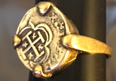 Spain 2 Reales Silver Reproduction 18kt Gold Ring 6