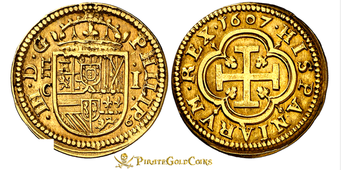 Spain 1 Escudo 1607 "Rare Variety" AU Details Pirate Gold Coins