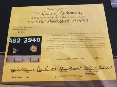 Atocha 1622 Gold Bead Artifact with Mel Fisher Treasure Salvors COA 6