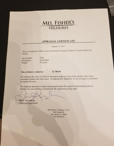 Atocha 1622 Gold Bead Artifact with Mel Fisher Treasure Salvors COA 11