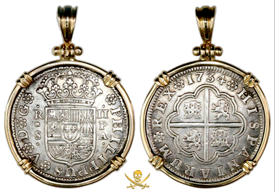 Spain 2 Reales 1734 "14kt Bezel" Pirate Gold Coins Jewelry Treasures 2