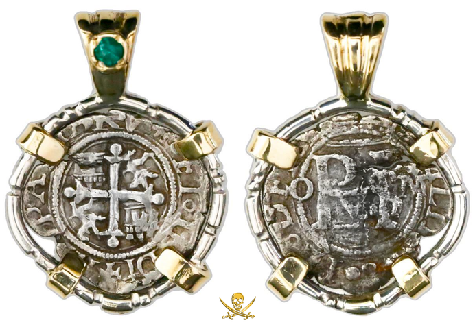 Mexico 1 Real 1556-98 w/ Emerald Clasp Pirate Gold Coins Jewelry Treasures