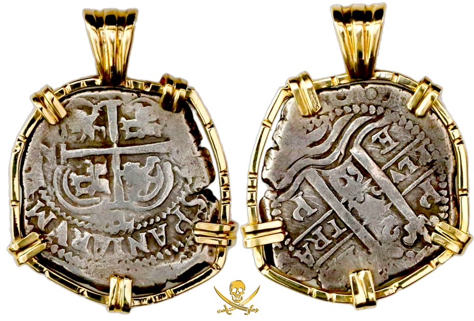 Bolivia 2 Reales 1660 w 14kt Bezel Pirate Gold Coins Jewelry Treasures