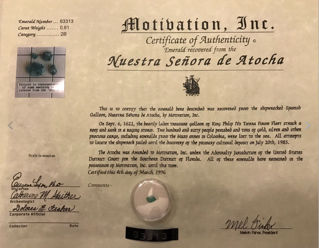 Atocha 1622 Shipwreck Emerald .61ct with Mel Fisher COA