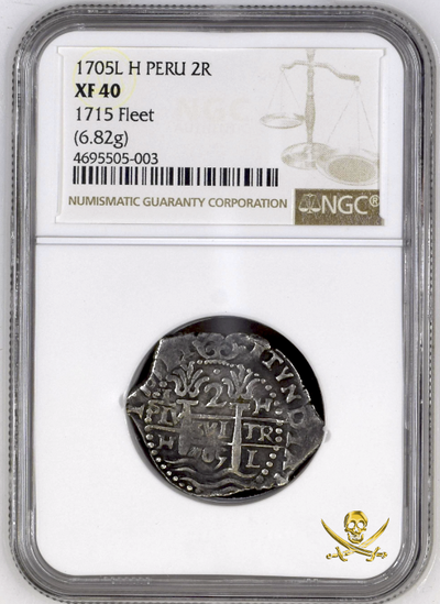 Peru 2 Reales 1705 "1715 Plate Fleet Shipwreck" NGC 40 2