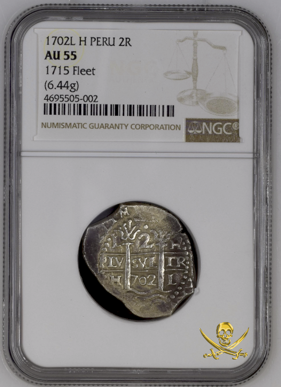 Peru 2 Reales 1702 "1715 Plate Fleet Shipwreck" NGC 55
