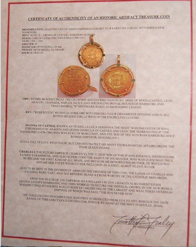 Spain 1 Escudo 1516-56 "Emerald & Diamonds" Gold Pendant 3