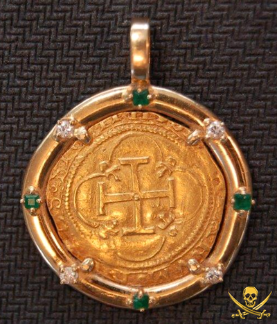Spain 1 Escudo 1516-56 "Emerald & Diamonds" Gold Pendant 2