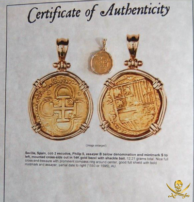Spain 2 Escudos 1593 "Dated" Gold Bezel Pirate Gold Coins Jewelry Treasures 3