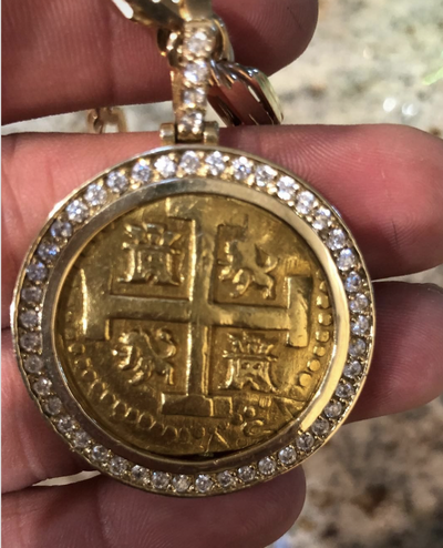 Peru 8 Escudos 1727 Diamond and Gold Bezel Pirate Gold Coins Jewelry Treasures 2