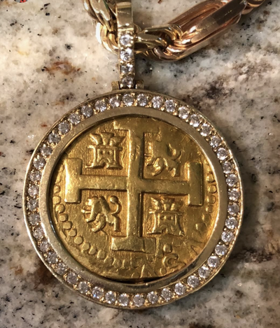 Peru 8 Escudos 1727 Diamond and Gold Bezel Pirate Gold Coins Jewelry Treasures 3