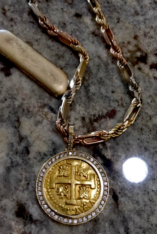 Peru 8 Escudos 1727 Diamond and Gold Bezel Pirate Gold Coins Jewelry Treasures