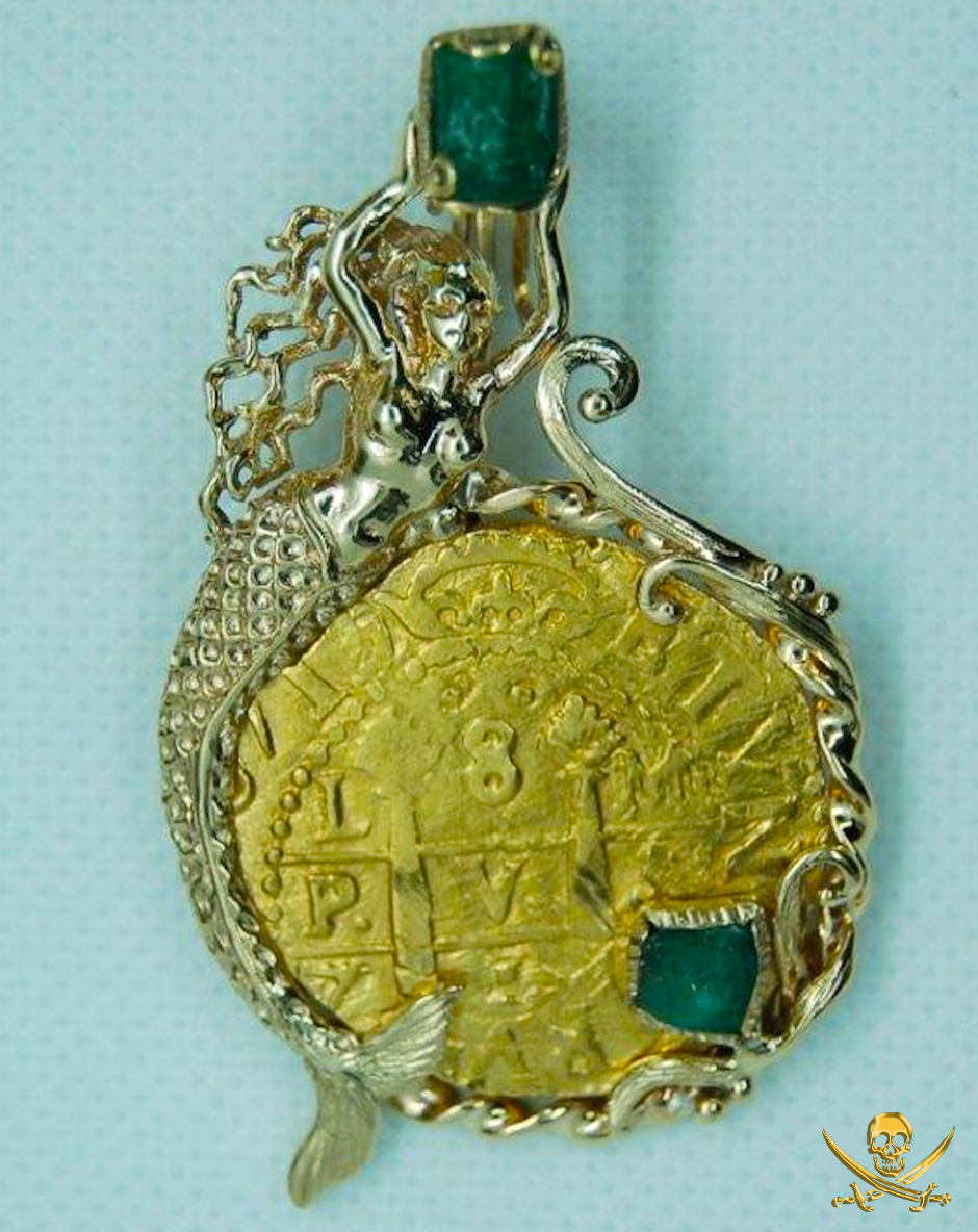 Peru 8 Escudos 1715 Gold Mermaid Bezel with Emeralds 3