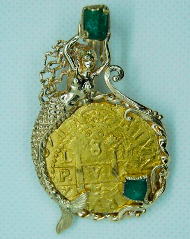Peru 8 Escudos 1715 Gold Mermaid Bezel with Emeralds 5